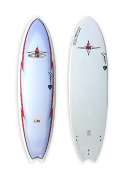 A surfboard with two different designs on it.