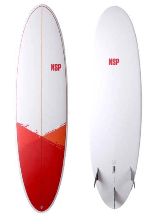 A white surfboard with red and orange accents.