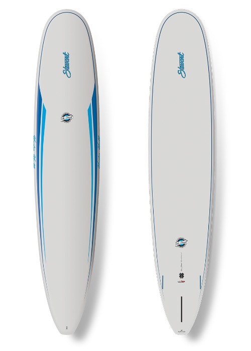 A white surfboard with blue accents on top of it.