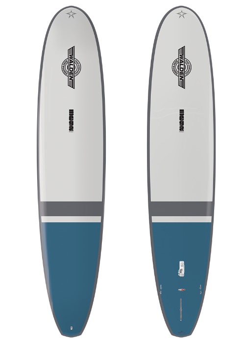 A pair of surfboards with blue and white stripes.