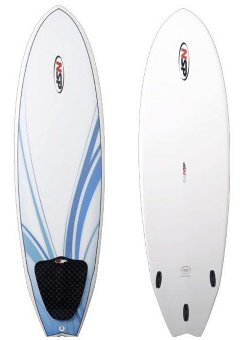 A white surfboard with blue and black stripes on it.