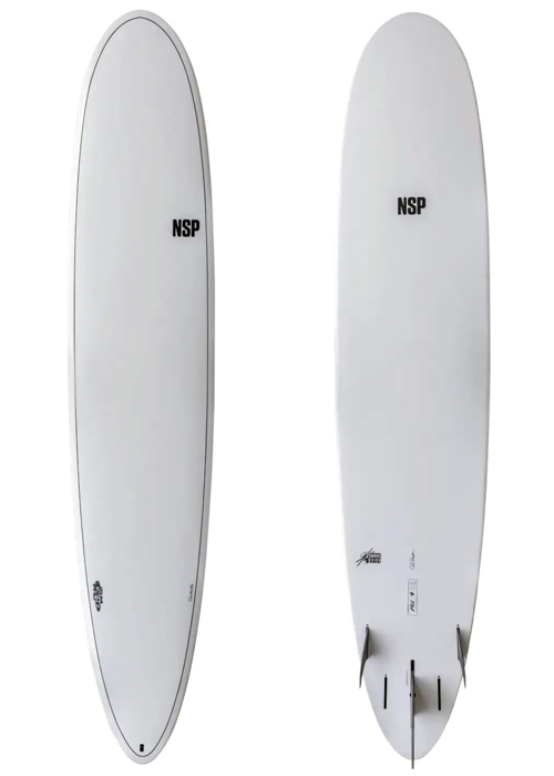A white surfboard with two different sides of it.