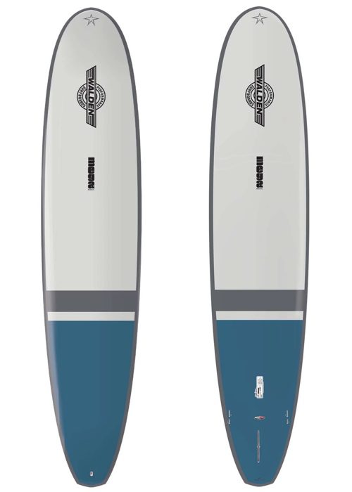 A pair of surfboards with blue and white stripes.